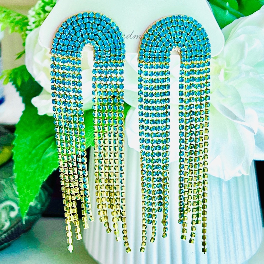 NWT Deepa Gurnani Turquoise Crystal Fringe Chandeliers